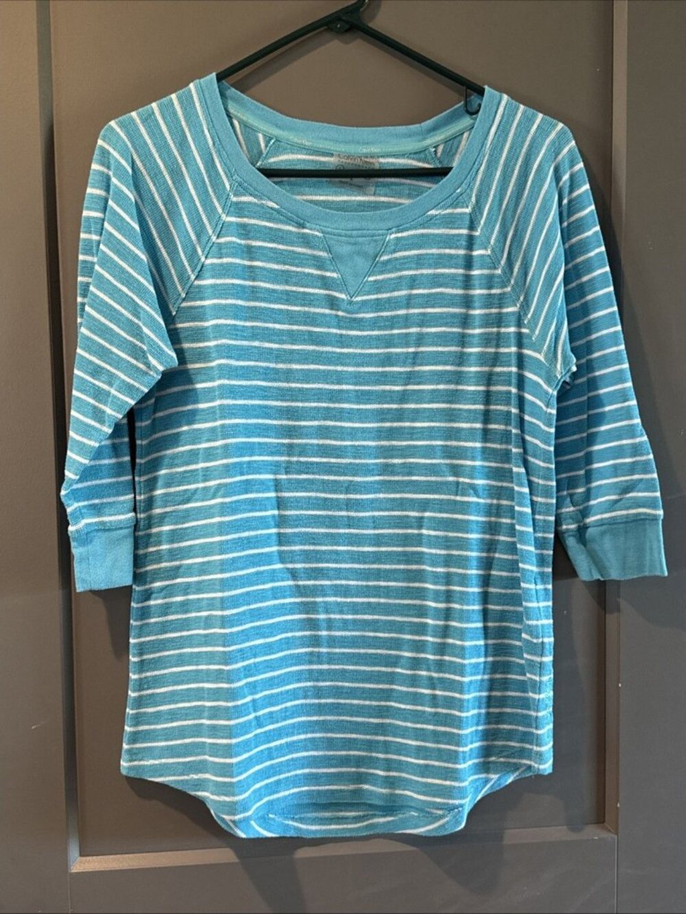 Calvin Klein Performance 3/4 Sleeve Shirt, Turquoise White Stripes, Large